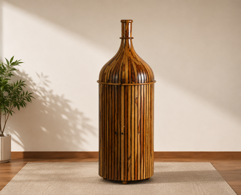 Sheesham Wood Bottle Shape Bar Cabinet with Glass Holder & Wine Storage- Large