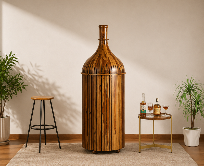 Sheesham Wood Bottle Shape Bar Cabinet with Glass Holder & Wine Storage- Large