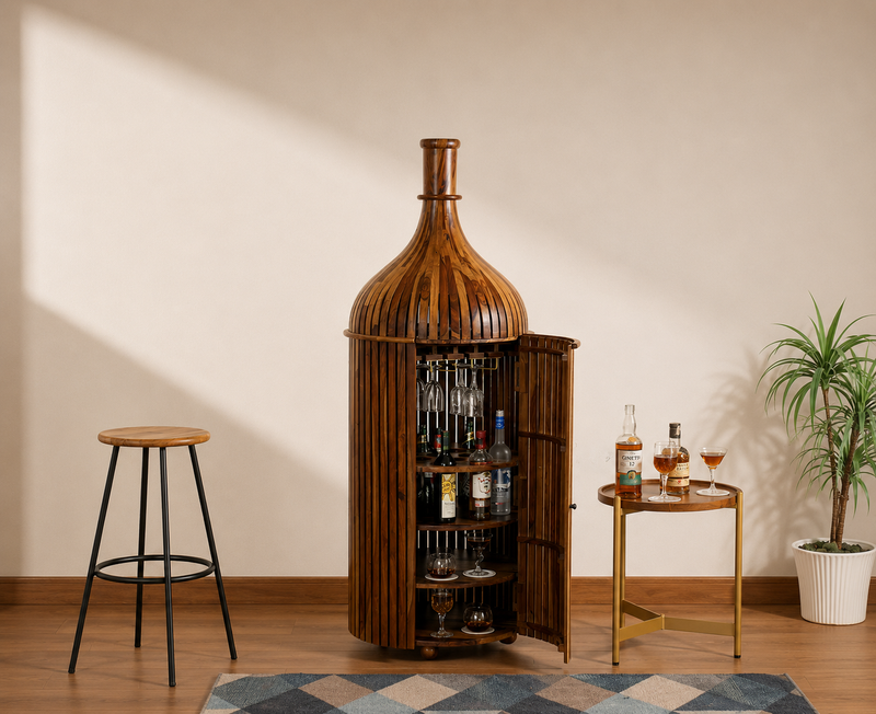 Sheesham Wood Bottle Shape Bar Cabinet with Glass Holder & Wine Storage- Large