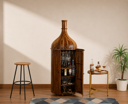 Sheesham Wood Bottle Shape Bar Cabinet with Glass Holder & Wine Storage- Large
