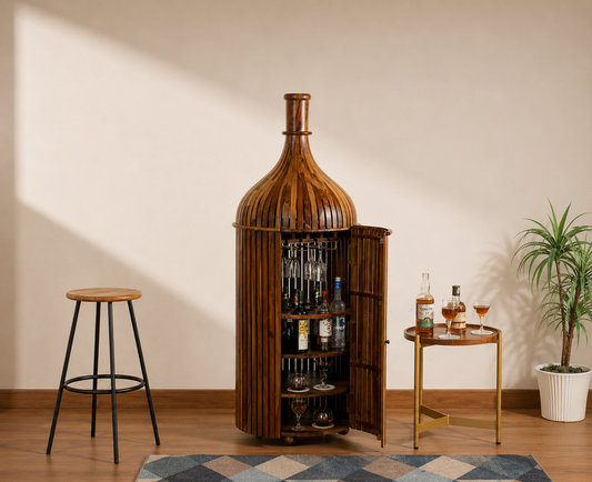 Sheesham Wood Bottle Shape Bar Cabinet with Glass Holder & Wine Storage- Large