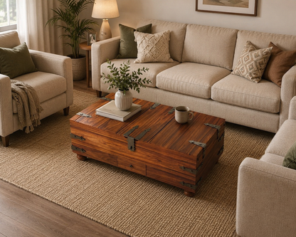 Suryavanshi Sheesham Wood Bar Cabinet Versatile Coffee Table – Vintage Iron or Brass