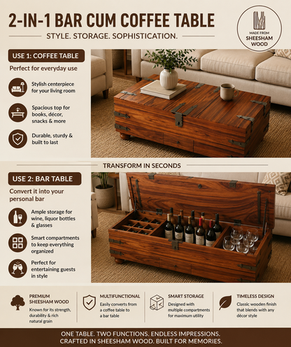 Suryavanshi Sheesham Wood Bar Cabinet Versatile Coffee Table – Vintage Iron or Brass