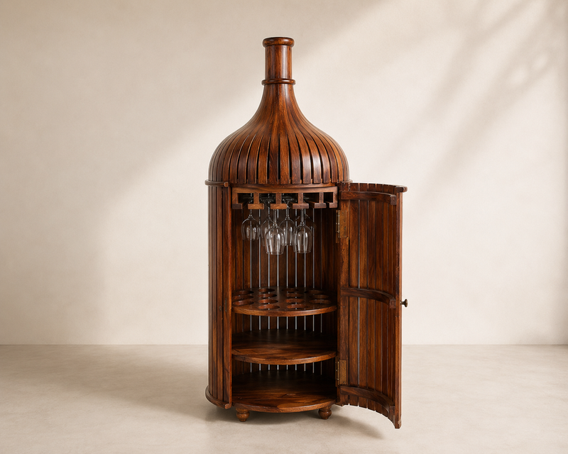 Sheesham Wood Bottle Shape Bar Cabinet with Glass Holder & Wine Storage- Small
