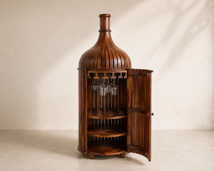 Sheesham Wood Bottle Shape Bar Cabinet with Glass Holder & Wine Storage- Small