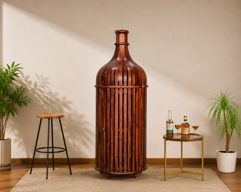 Sheesham Wood Bottle Shape Bar Cabinet with Glass Holder & Wine Storage- Small
