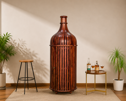 Sheesham Wood Bottle Shape Bar Cabinet with Glass Holder & Wine Storage- Small