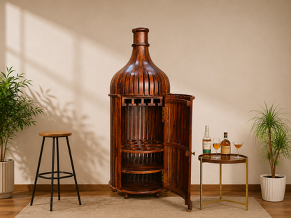 Sheesham Wood Bottle Shape Bar Cabinet with Glass Holder & Wine Storage- Small
