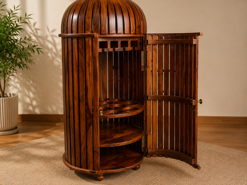 Sheesham Wood Bottle Shape Bar Cabinet with Glass Holder & Wine Storage- Small