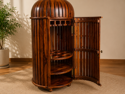 Sheesham Wood Bottle Shape Bar Cabinet with Glass Holder & Wine Storage- Small