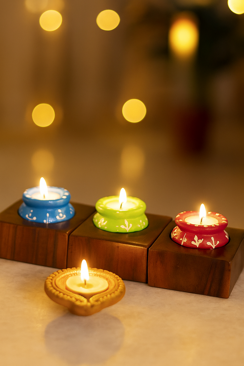 Wooden Set of 3 Candle Stands with Candles – Elegant Home & Festive Décor