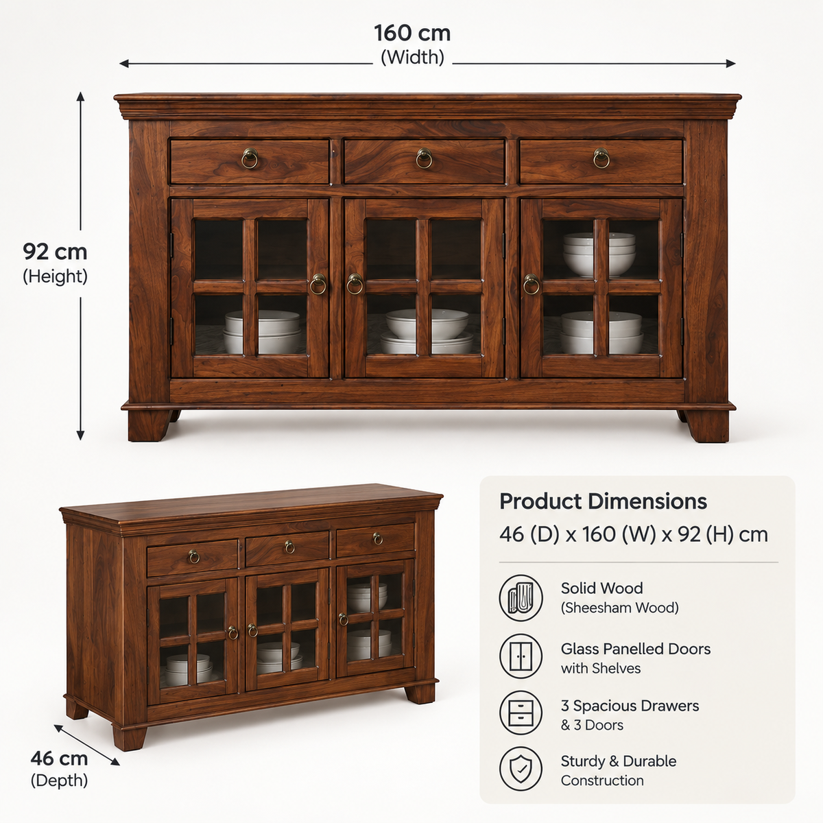 Suryavanshi Sheesham Wood 3 Glass Door & 3-Drawer Sideboard, for Living Room