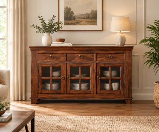 Suryavanshi Sheesham Wood 3 Glass Door & 3-Drawer Sideboard, for Living Room