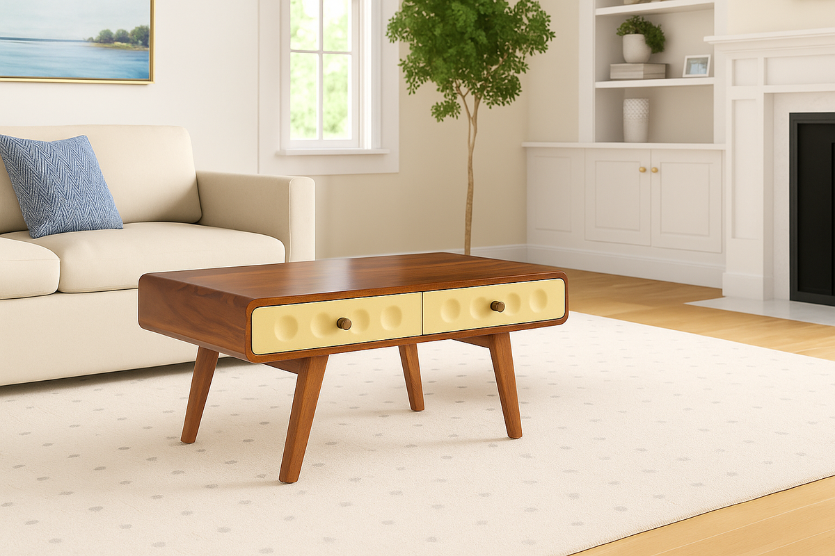 Suryavanshi Mid-Century Modern Coffee Table with 2 Drawers - Honey Finish