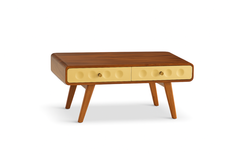 Suryavanshi Mid-Century Modern Coffee Table with 2 Drawers - Honey Finish