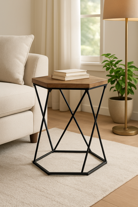 Suryavanshi Mango Wooden Side Table with Black Metal Leg Frame, Wooden Coffee Table, Side Table, End Table, Tea Table, Plant Stand, 41D x 35W x 50H Centimeters
