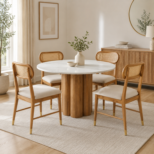 Quirk & Comfort Modern Round Marble Top Dining Table - Solid Mango Wood