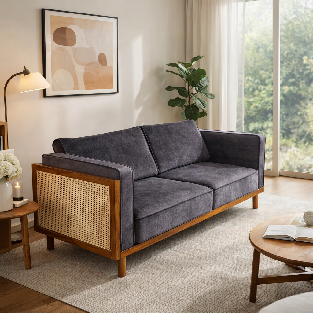 Linen Haze Striped Sofa Sheesham Wood 3 -Seater Sofa with Handwoven Cane Panel - Honey Finish