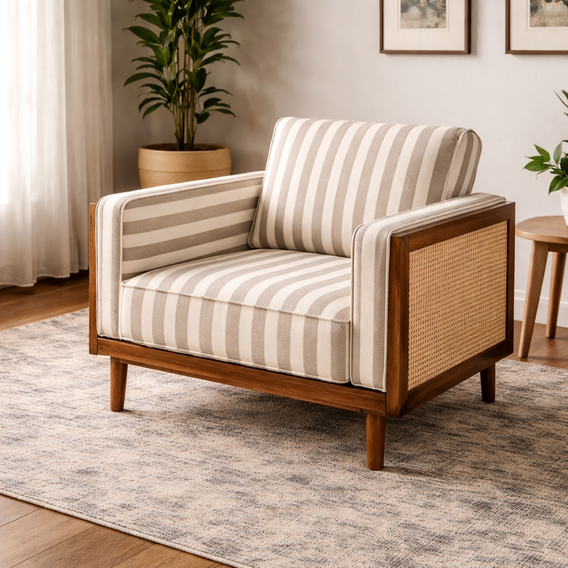 Linen Haze Striped Sofa Sheesham Wood 3 -Seater Sofa with Handwoven Cane Panel - Honey Finish