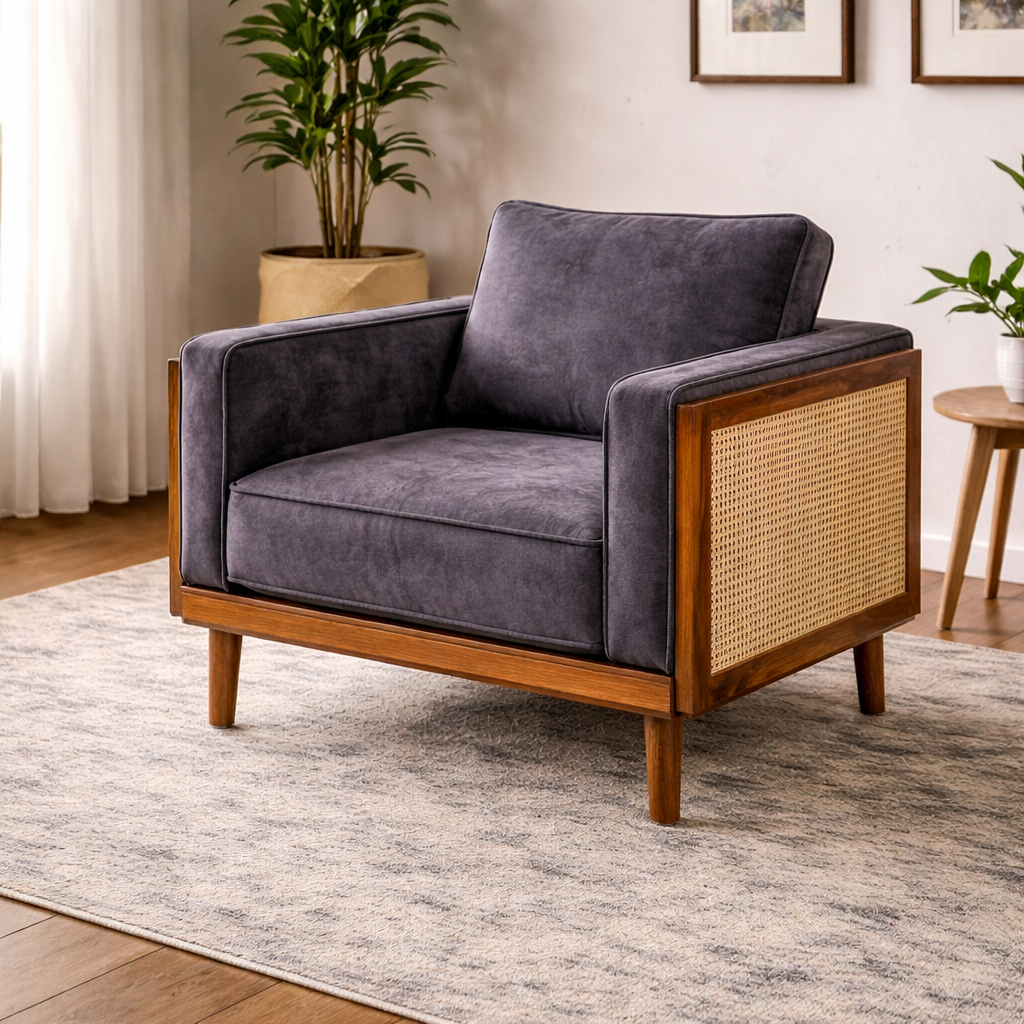 Linen Haze Striped Sofa Sheesham Wood 3 -Seater Sofa with Handwoven Cane Panel - Honey Finish