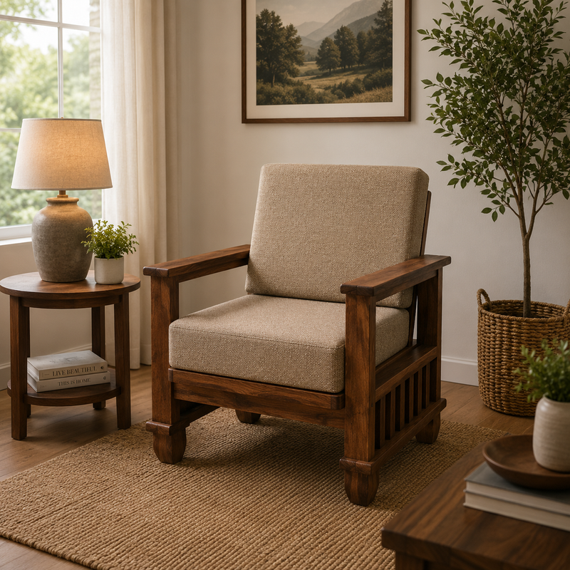 MAGAZINE Sheesham Wood Cushioned Upholstery Sofa Set