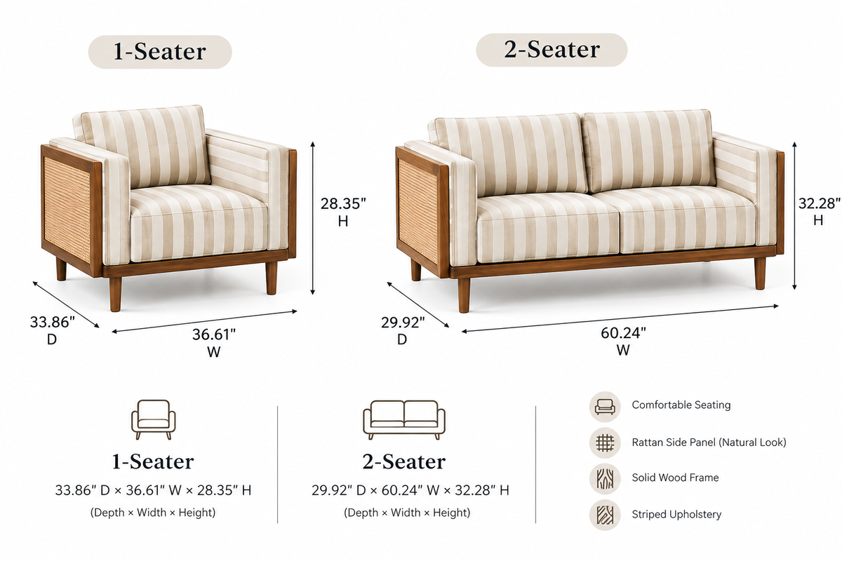 Linen Haze Striped Sofa Sheesham Wood 3 -Seater Sofa with Handwoven Cane Panel - Honey Finish