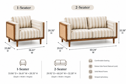 Linen Haze Striped Sofa Sheesham Wood 3 -Seater Sofa with Handwoven Cane Panel - Honey Finish