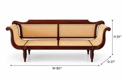 Handcrafted Solid Wood & Natural Cane Sofa | British Colonial Style Living Room Couch with Rattan Weaving