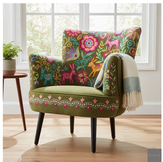Novara Embroidered Solid Wood Lounge chair- Green