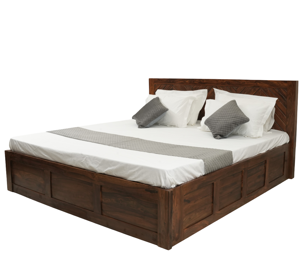 Chevron Solid Sheesham Wood Storage Bed Queen/ King