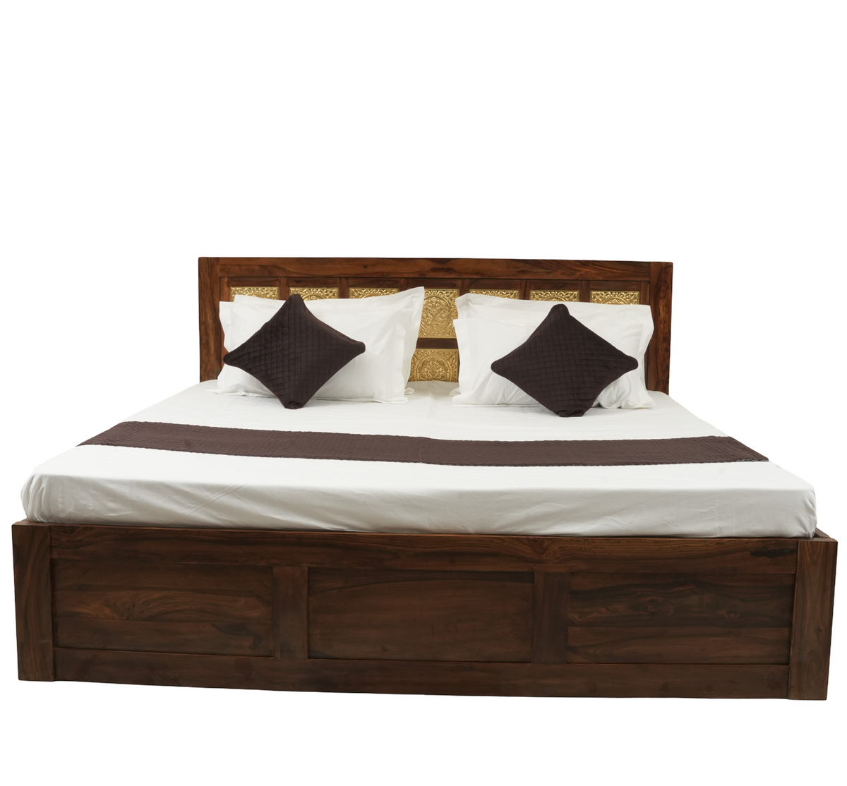 Suryavanshi Solid Sheesham Wood Queen/King Size Bed with Designer Brass Work Headboard & Storage