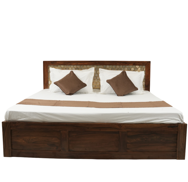 Sheesham Solid Wood Storage Bed with Decorative Headboard – Honey Finish