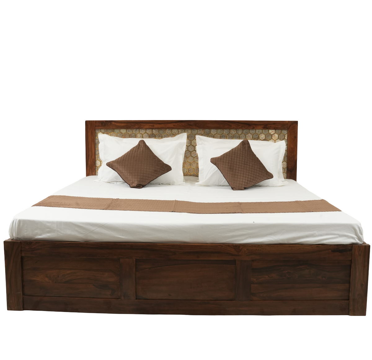 Sheesham Solid Wood Storage Bed with Decorative Headboard – Honey Finish