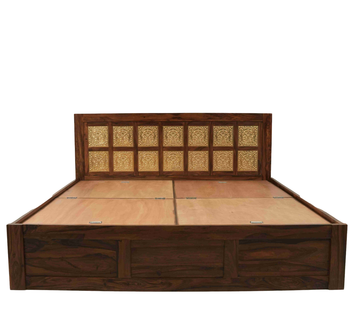 Suryavanshi Solid Sheesham Wood Queen/King Size Bed with Designer Brass Work Headboard & Storage