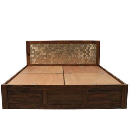 Sheesham Solid Wood Storage Bed with Decorative Headboard – Honey Finish