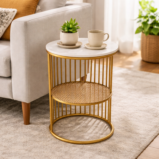 Modern Round Marble Top Side Table With Shelf