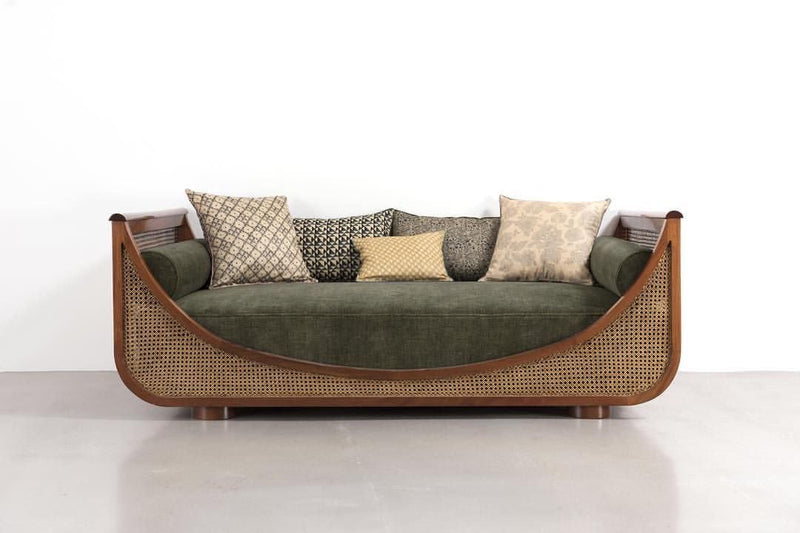 Luxury Handcrafted Sheesham Wood 2 Seater Cane Sofa with Olive Green Upholstery