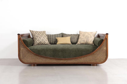 Luxury Handcrafted Sheesham Wood 2 Seater Cane Sofa with Olive Green Upholstery