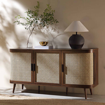 Suryavanshi Mango Wood Sideboard Cabinet with Cane Doors | 6 Compartment Storage Unit for Living Room, Dining Room & Entryway (Walnut Finish)