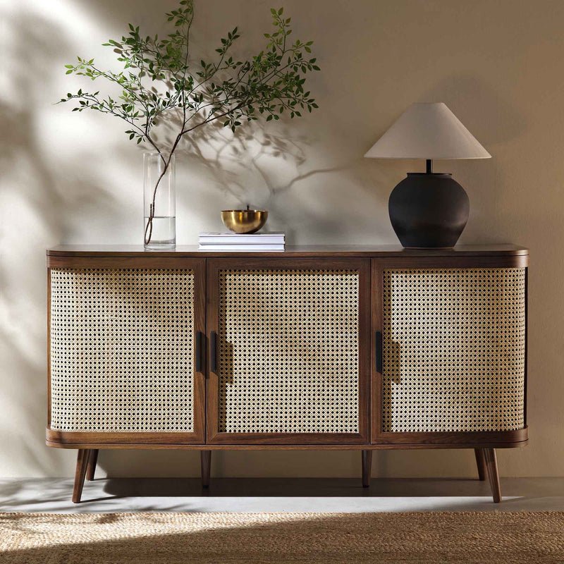 Suryavanshi Mango Wood Sideboard Cabinet with Cane Doors | 6 Compartment Storage Unit for Living Room, Dining Room & Entryway (Walnut Finish)