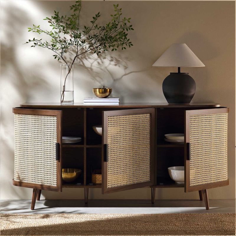Suryavanshi Mango Wood Sideboard Cabinet with Cane Doors | 6 Compartment Storage Unit for Living Room, Dining Room & Entryway (Walnut Finish)
