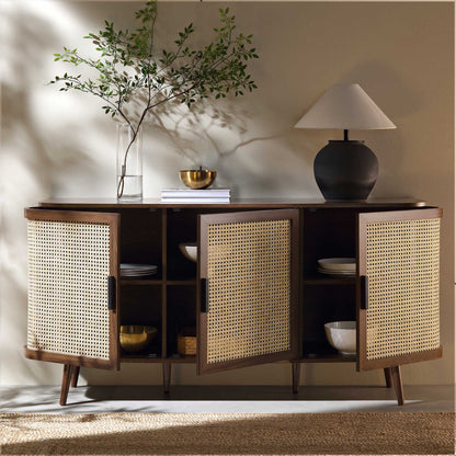 Suryavanshi Mango Wood Sideboard Cabinet with Cane Doors | 6 Compartment Storage Unit for Living Room, Dining Room & Entryway (Walnut Finish)