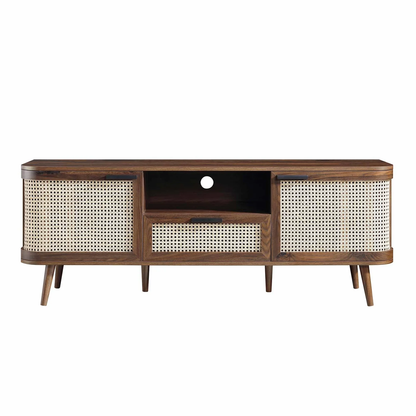 Suryavanshi Solid Wood TV Unit with Cane Woven Doors | Mango Wood Entertainment Console | Mid-Century Modern TV Stand for Living Room & Hall – Walnut Finish, Up to 65 Inch