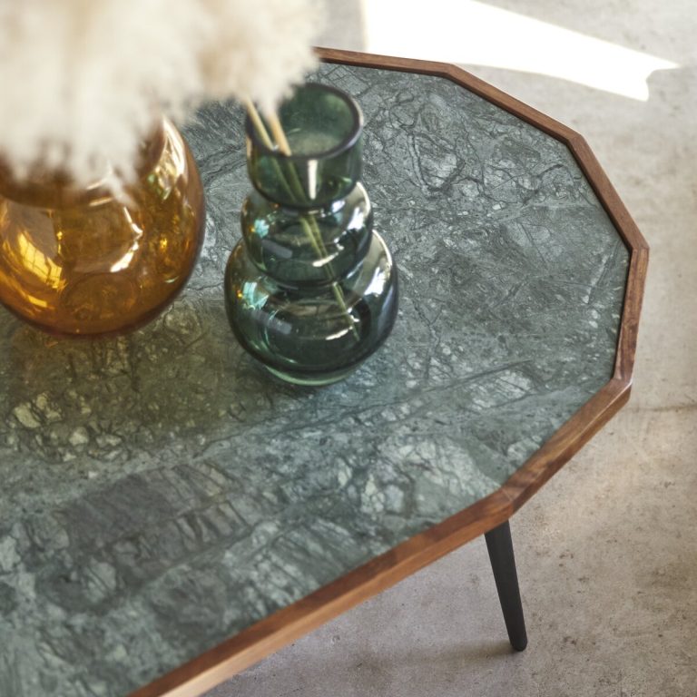 Suryavanshi Oval Coffee Table – Sheesham Wood Frame, Green Marble Top, Iron Legs (Marble Top-Oval, W120 D60 H35 cm)
