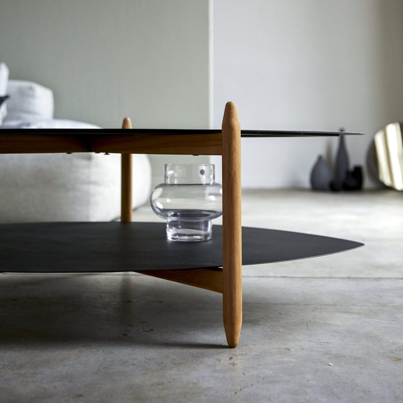 Suryavanshi Coffee Table – Black Powder-Coated Iron Top & Shelf, Mango Wood Legs (Oval, W110 D73 H39 cm)
