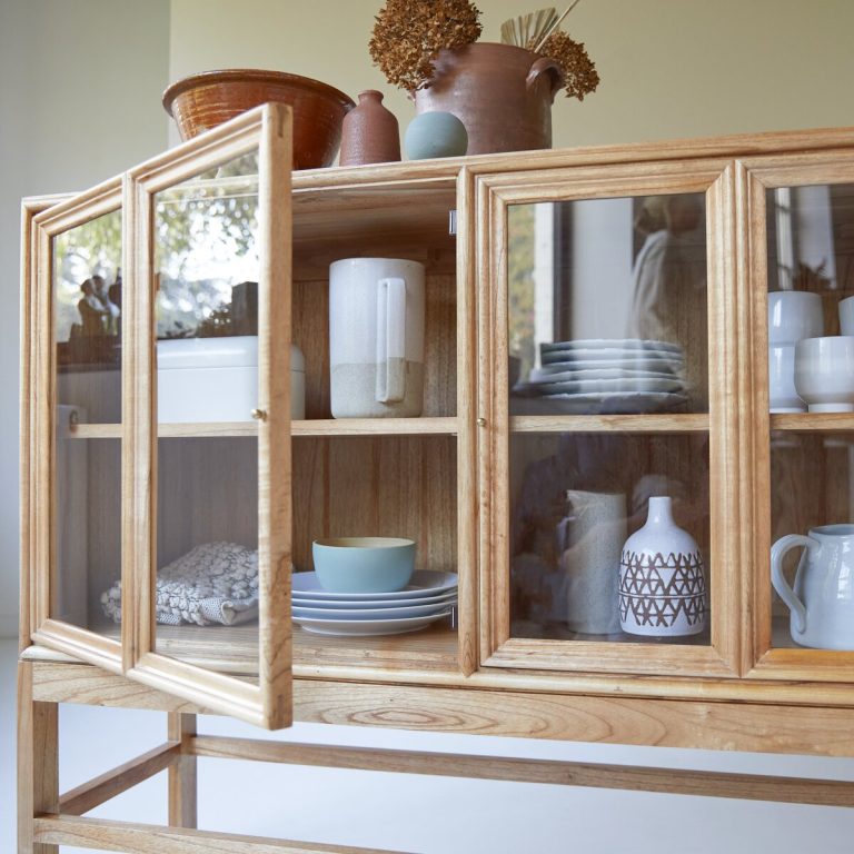 Suryavanshi Mango Wood Display Cabinet – Glass Door, Versatile Crockery Cabinet (Art Deco, W120 D41 H100 cm)