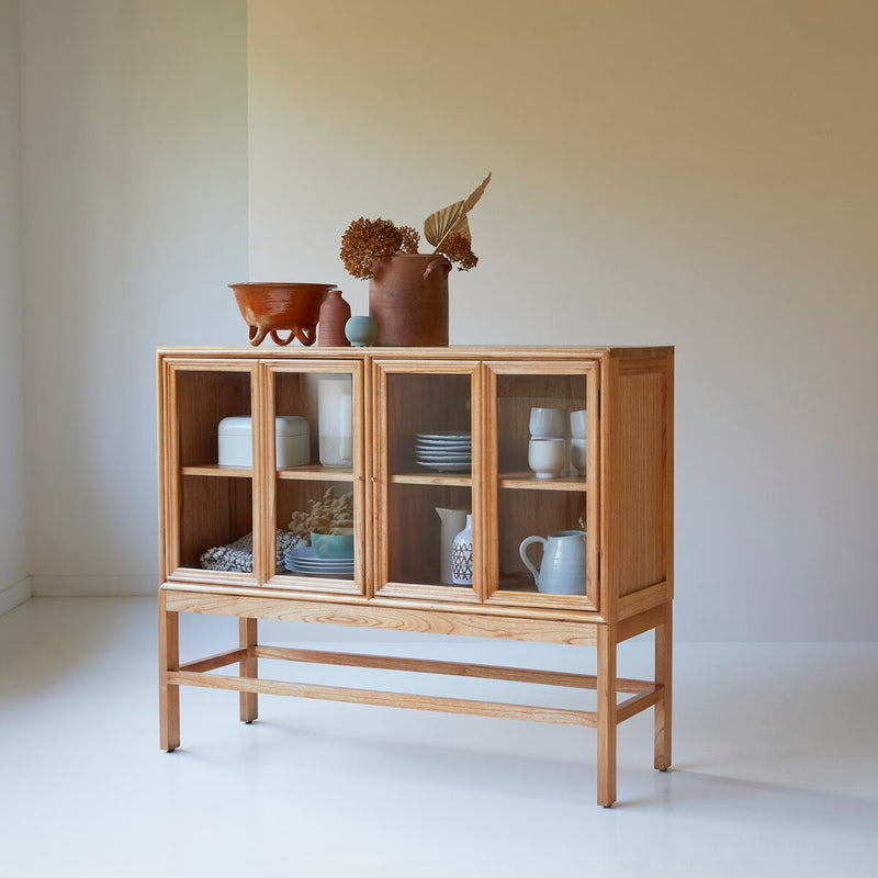 Suryavanshi Mango Wood Display Cabinet – Glass Door, Versatile Crockery Cabinet (Art Deco, W120 D41 H100 cm)