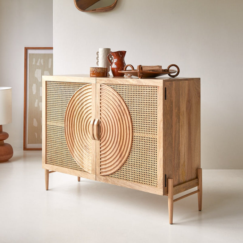 Suryavanshi Mango Wood Sideboard – Spiral Carving, Rattan Work on 2 Doors (Carving-Rattan, W114 D45.5 H90 cm)