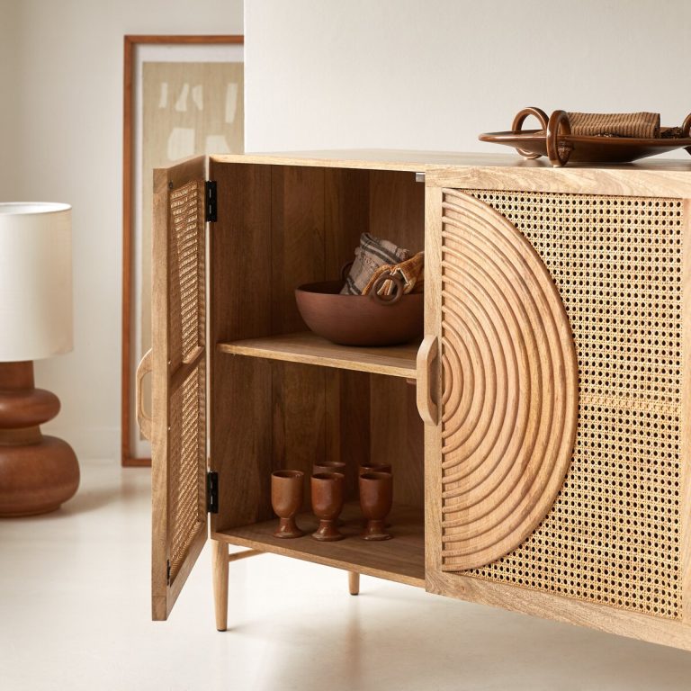 Suryavanshi Mango Wood Sideboard – Spiral Carving, Rattan Work on 2 Doors (Carving-Rattan, W114 D45.5 H90 cm)