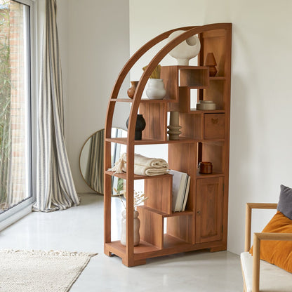 Suryavanshi Acacia Wood Book Rack – 1 Door, 1 Drawer, Half Round Shape (Semicurcular, W90 D40 H180 cm)